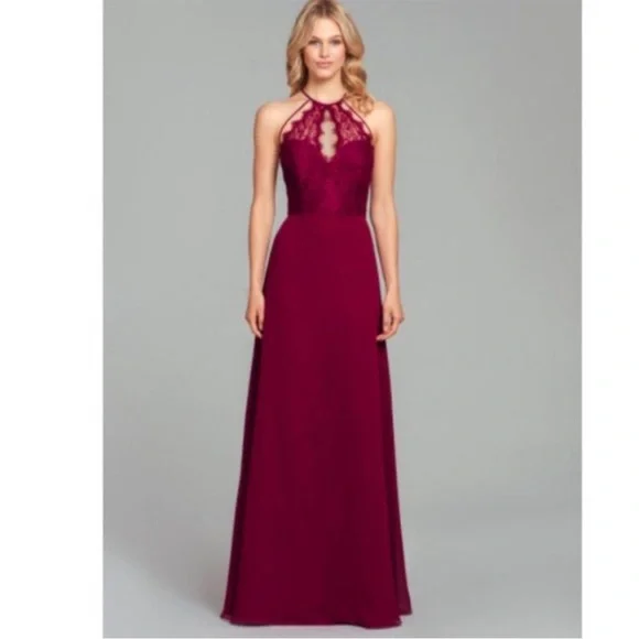 Hayley Paige Occasions | Dresses | Hayley Paige Burgundy Halter Keyhole  Lace Dress | Poshmark